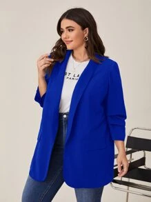 SHEIN LUNE 大碼青果領抽褶袖西裝外套 - 寶藍色 - 查看 3