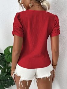 SHEIN LUNE Camiseta de cuello redondo fruncido de manga farol - Rojo - Ver 2