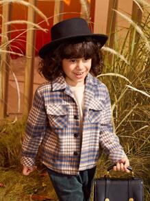 SHEIN 小男童格紋印花翻蓋口袋花呢外套