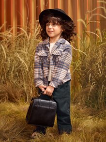 SHEIN 小男童格紋印花翻蓋口袋花呢外套