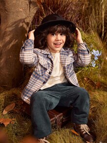 SHEIN 小男童格紋印花翻蓋口袋花呢外套