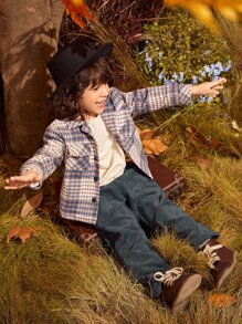 SHEIN 小男童格紋印花翻蓋口袋花呢外套