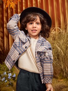 SHEIN 小男童格紋印花翻蓋口袋花呢外套