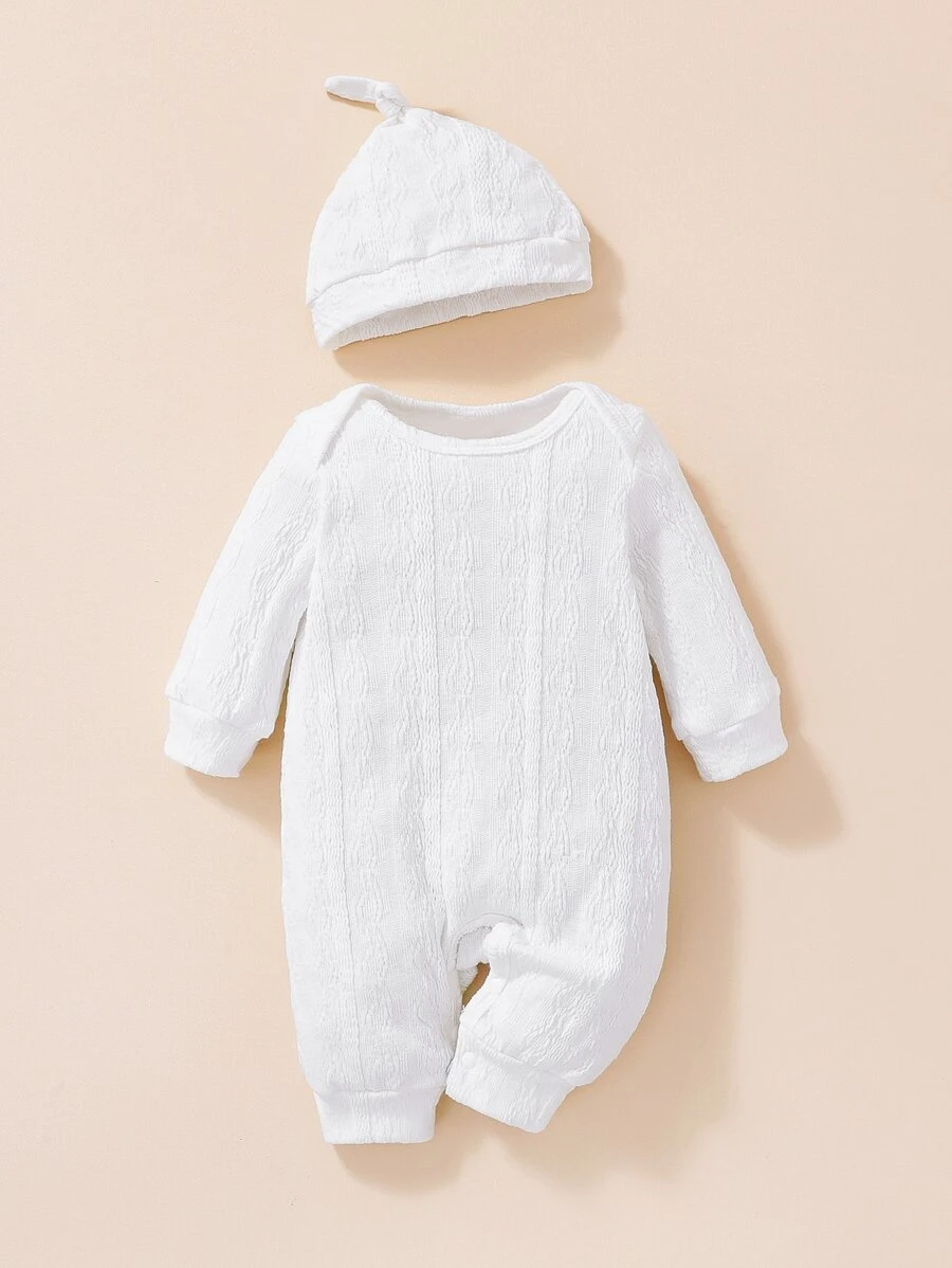 Newborn Baby Boy Solid Textured Jumpsuit & hat - White - View 1