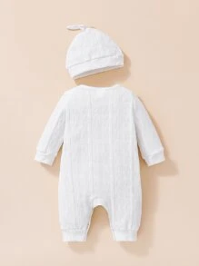 Newborn Baby Boy Solid Textured Jumpsuit & hat - White - View 2
