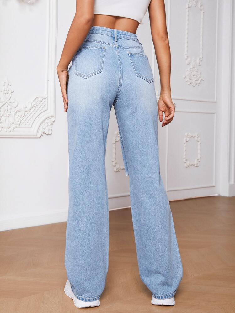 SHEIN Tall Ripped Straight Leg Jeans - Light Wash - View 2