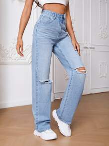 SHEIN Tall Jeans de pierna recta desgarro - Lavado ligero - Ver 3