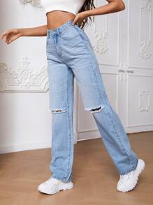 SHEIN Tall Jeans de pierna recta desgarro - Lavado ligero - Ver 6
