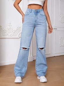 SHEIN Tall Jeans de pierna recta desgarro - Lavado ligero - Ver 7