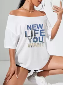 INAWLY Camiseta con estampado de slogan de cuello scoop - Blanco - Ver 1