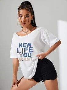 INAWLY Camiseta con estampado de slogan de cuello scoop - Blanco - Ver 3