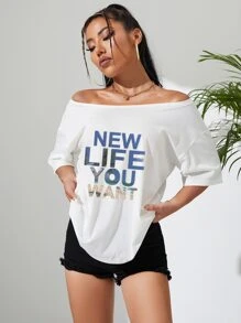 INAWLY Camiseta con estampado de slogan de cuello scoop - Blanco - Ver 4