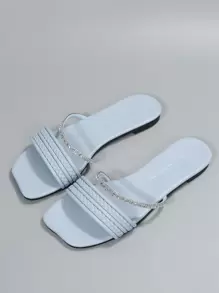 Sandal đế bằng dệt tay kiểu Âu và Mỹ, đính đá sọc, dành cho nữ, nhẹ, thoải mái, chống trơn trượt, thích hợp cho trang phục đi biển và trang phục mùa hè. - Màu xanh lam - Xem 6