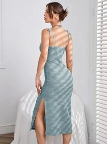 SHEIN Privé Tie Shoulder Split Thigh Cami Dress - Blue - View 2