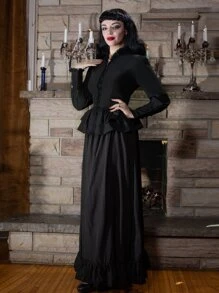 Scarlet Darkness Solid Contrast Lace Peplum Blouse - Black - View 3