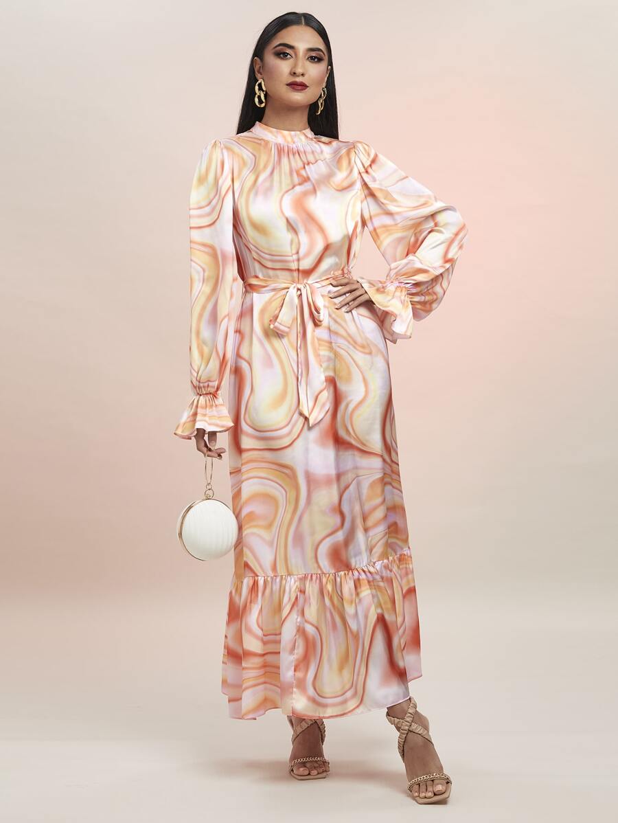 Modelyn Marble Print Flounce Sleeve Ruffle Hem Belted Dress - Multicolor - View 1