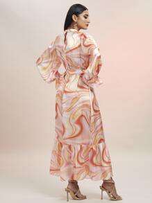 Modelyn Marble Print Flounce Sleeve Ruffle Hem Belted Dress - Multicolor - View 2