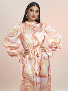 Modelyn Marble Print Flounce Sleeve Ruffle Hem Belted Dress - Multicolor - View 3