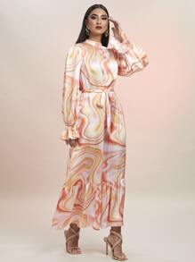 Modelyn Marble Print Flounce Sleeve Ruffle Hem Belted Dress - Multicolor - View 4