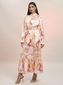 Modelyn Marble Print Flounce Sleeve Ruffle Hem Belted Dress - Multicolor - View 5