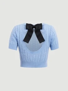 SHEIN MOD Cut Out Bow Back Crop Knit Top - Blue - View 1