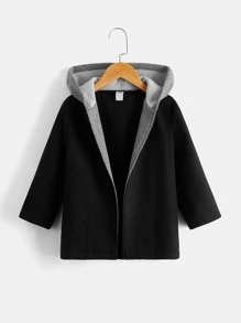 SHEIN 小男童連帽粗花呢花呢外套 - 黑色 - 查看 1