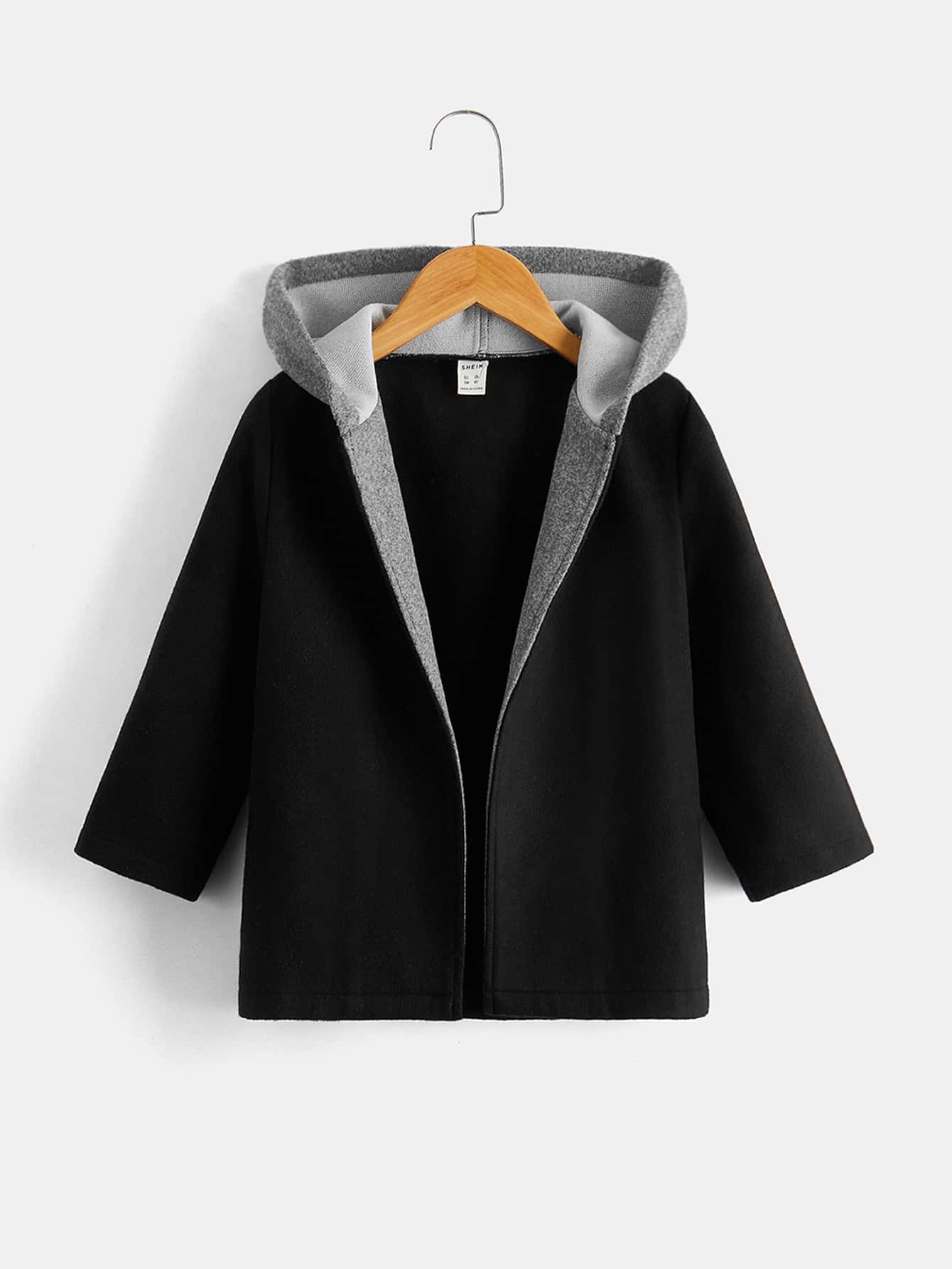 SHEIN 小男童連帽粗花呢花呢外套 - 黑色 - 查看 1