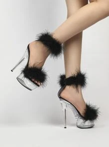 欧美时尚性感细跟高跟凉鞋，透明/水晶黑，适合表演、舞蹈、婚礼、春夏派对、夜总会、酒店。