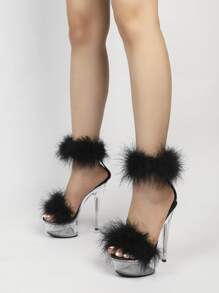 欧美时尚性感细跟高跟凉鞋，透明/水晶黑，适合表演、舞蹈、婚礼、春夏派对、夜总会、酒店。