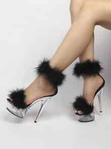 欧美时尚性感细跟高跟凉鞋，透明/水晶黑，适合表演、舞蹈、婚礼、春夏派对、夜总会、酒店。