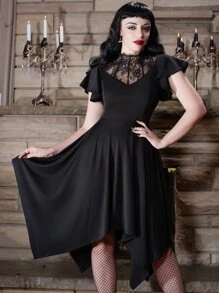 Scarlet Darkness Đầm Bất đối xứng Tương phản ren màu trơn Retro - màu đen - Xem 1