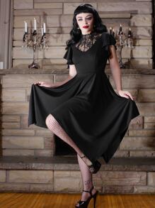 Scarlet Darkness Đầm Bất đối xứng Tương phản ren màu trơn Retro - màu đen - Xem 3