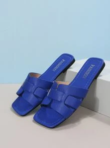 Giày đế bằng PU màu đỏ giản dị đơn giản thoải mái hở mũi giày cỡ lớn 35-43 thời trang cho đi biển hàng ngày - Màu xanh lam - Xem 2