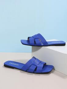 Giày đế bằng PU màu đỏ giản dị đơn giản thoải mái hở mũi giày cỡ lớn 35-43 thời trang cho đi biển hàng ngày - Màu xanh lam - Xem 3