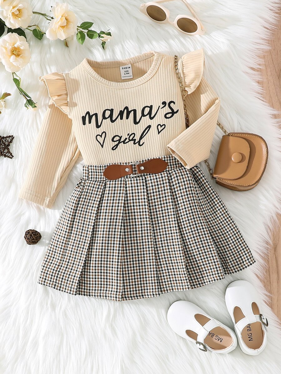 Baby Letter Graphic Ruffle Trim Tee & Plaid Pleated Skirt - Multicolor - View 1