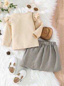 Baby Letter Graphic Ruffle Trim Tee & Plaid Pleated Skirt - Multicolor - View 2