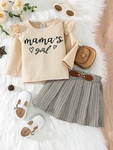 Baby Letter Graphic Ruffle Trim Tee & Plaid Pleated Skirt - Multicolor - View 3