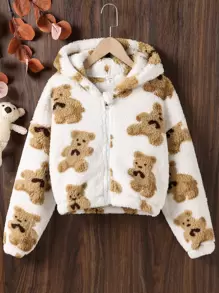 女孩熊圖案落肩袖連帽泰迪夾克 - 彩色 - 查看 1