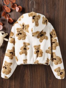 女孩熊圖案落肩袖連帽泰迪夾克 - 彩色 - 查看 2