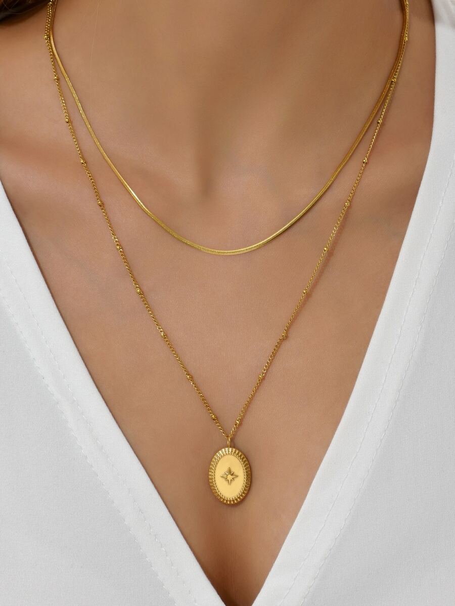 Collar De Neptuno De Acero Inoxidable Con Doble Capa Para Mujer Chapado En Oro De 18k, Adecuado Para Uso Diario Y Regalos En Festividades Para Amigos - Amarillo Oro - Ver 1