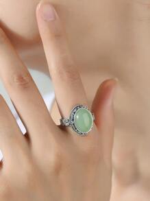 1只橢圓形天然石頭復古圖案戒指 - 復古銀色 - 查看 2