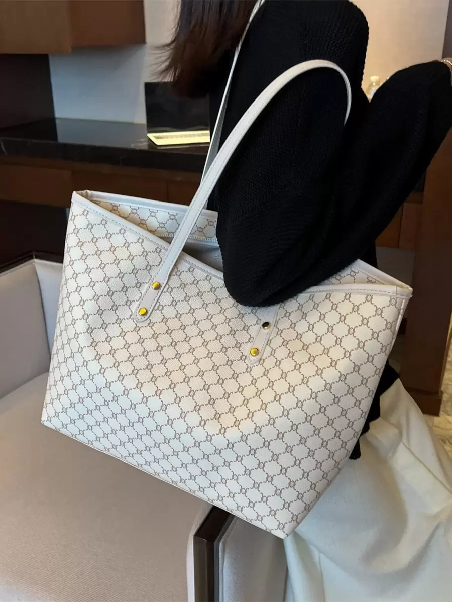1pc 2025 New European & American Fashion Jacquard Patchwork Tote Bag, Large Capacity Travel Bag, Shopping Bag, Suitable For Women's Daily Use, Work Commute, Back To School, Vacation, Holiday, Date, Gift - 彩色 - 查看 1