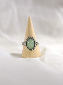 1只橢圓形天然石頭復古圖案戒指 - 復古銀色 - 查看 4