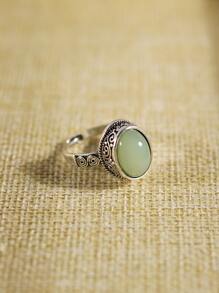 1只橢圓形天然石頭復古圖案戒指 - 復古銀色 - 查看 5