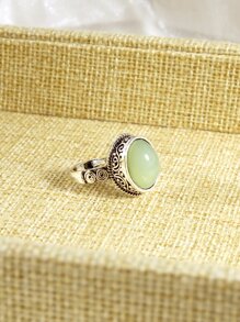 1只橢圓形天然石頭復古圖案戒指 - 復古銀色 - 查看 7