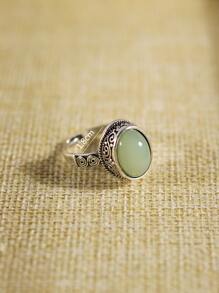 1只橢圓形天然石頭復古圖案戒指 - 復古銀色 - 查看 8