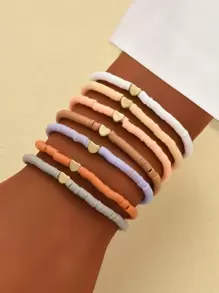 7pcs Bohemian Style Fashionable Random Soft Ceramic Heart Beaded Bracelet Set - Multicolor - View 2