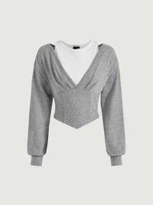 SHEIN MOD 2 In 1 Cut Out Hanky Hem Crop Sweatshirt - Grey - View 1