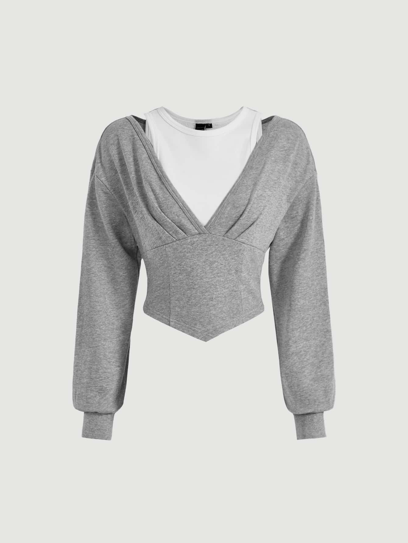 SHEIN MOD 2 In 1 Cut Out Hanky Hem Crop Sweatshirt - Grey - View 1