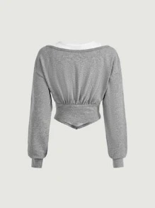 SHEIN MOD 2 In 1 Cut Out Hanky Hem Crop Sweatshirt - Grey - View 6